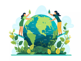 世界地球日女孩种树爱护地球保护环境插画